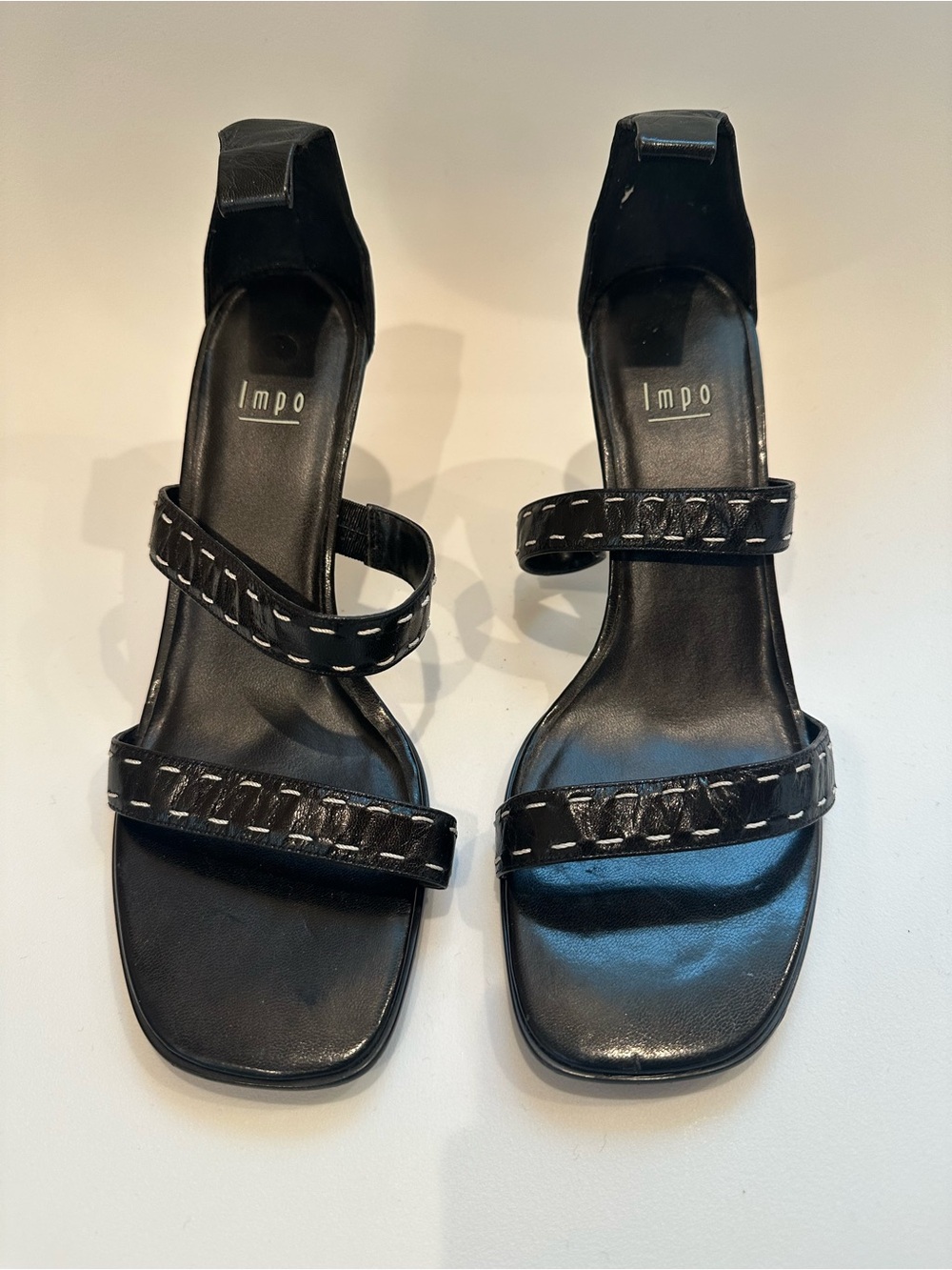 Impo Black Strappy Heeled Sandals Size 9 – White Stitch Detail Square Toe Y2K